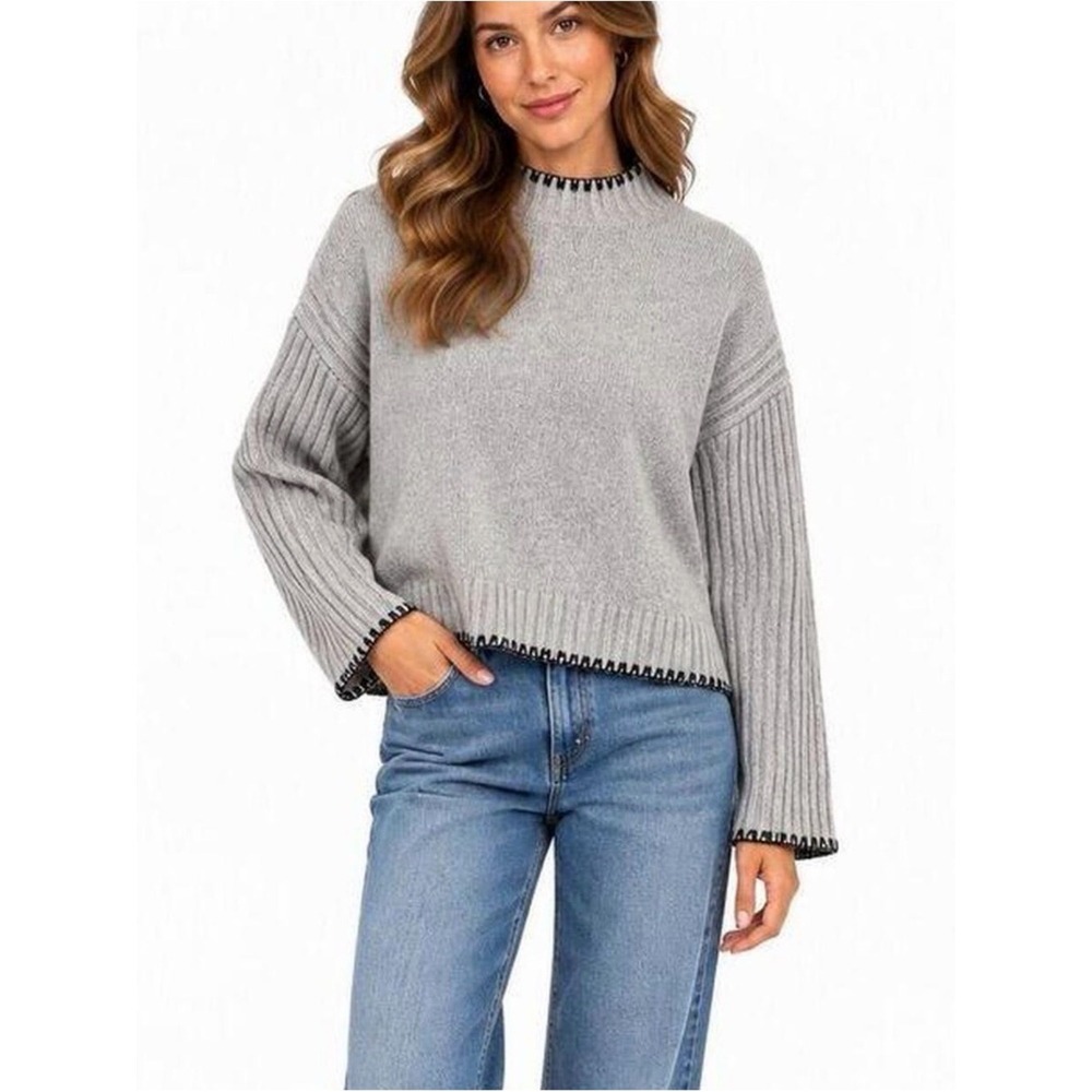 Joie Gray Whipstitch Trim Mock Neck Sweater Medium M Ribbed Knit Pullover